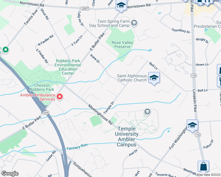map of restaurants, bars, coffee shops, grocery stores, and more near 4 Lee Drive in Maple Glen