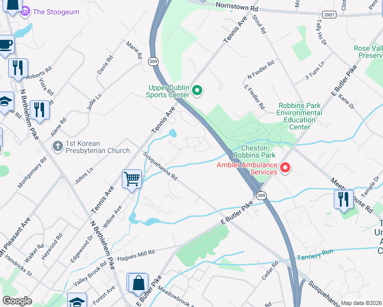 map of restaurants, bars, coffee shops, grocery stores, and more near 1200 Algonquin Pass in Ambler