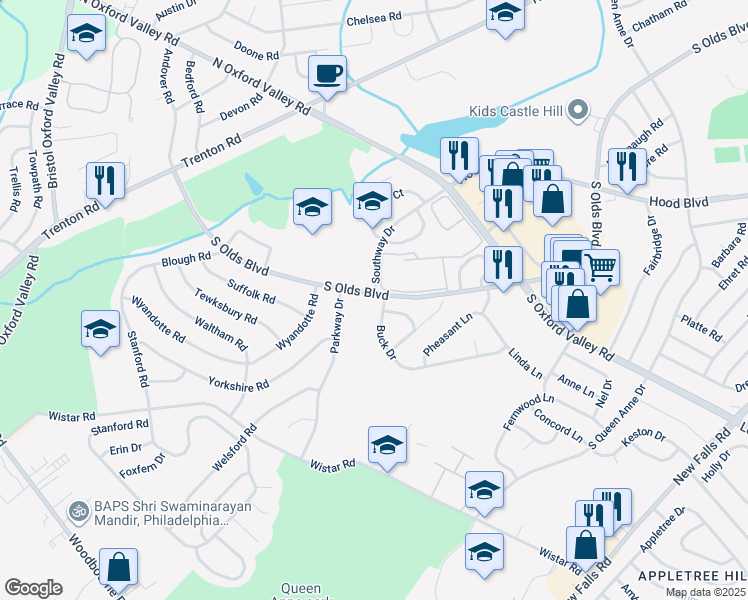map of restaurants, bars, coffee shops, grocery stores, and more near 539 Buck Drive in Fairless Hills