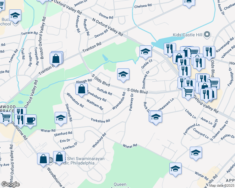 map of restaurants, bars, coffee shops, grocery stores, and more near 233 Suffolk Road in Fairless Hills