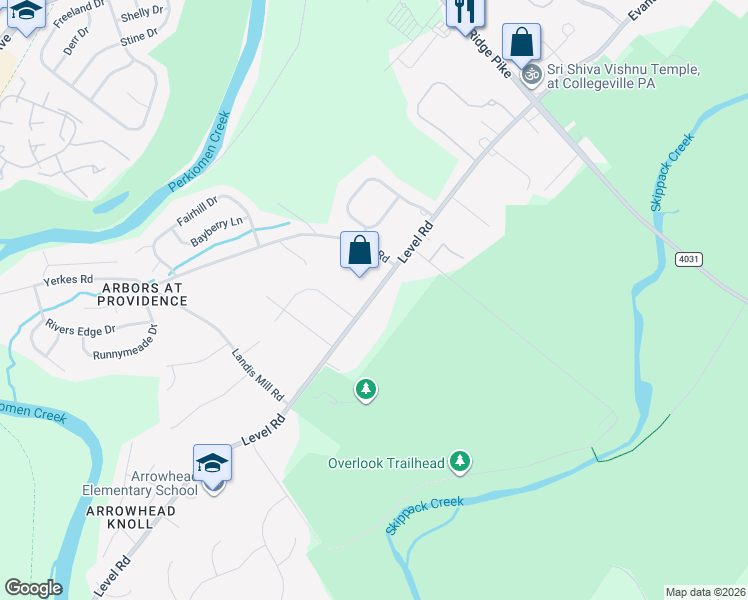 map of restaurants, bars, coffee shops, grocery stores, and more near 104 Level Road in Collegeville