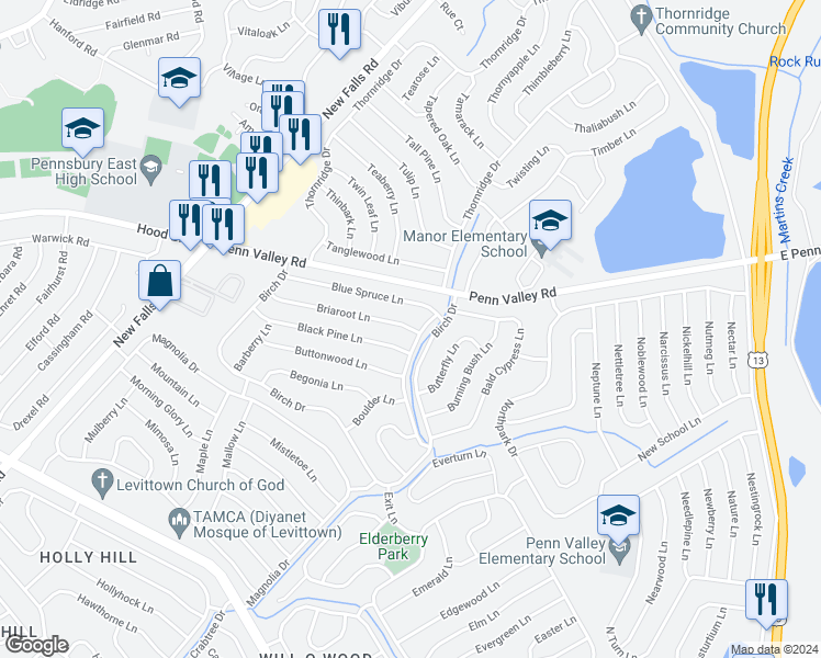 map of restaurants, bars, coffee shops, grocery stores, and more near 7 Briaroot Lane in Levittown
