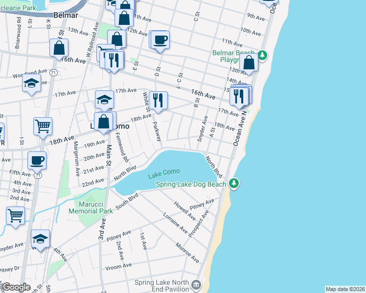 map of restaurants, bars, coffee shops, grocery stores, and more near 301 19th Avenue in Belmar