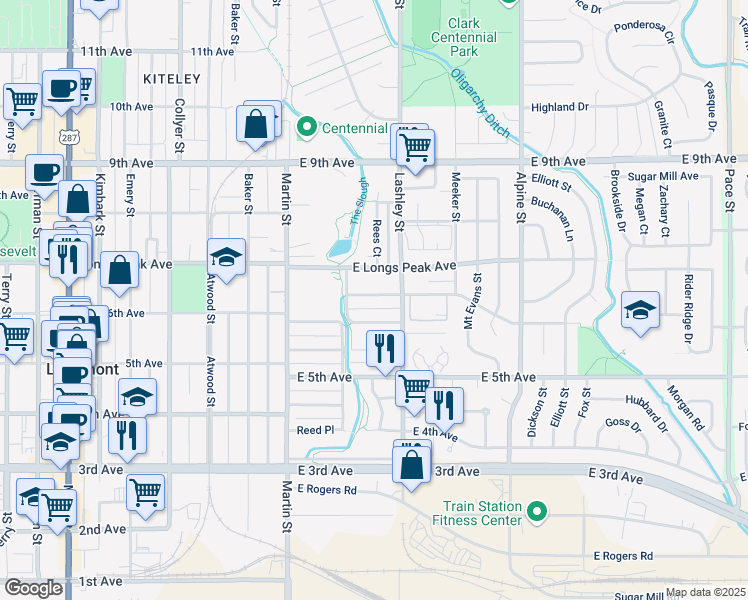 map of restaurants, bars, coffee shops, grocery stores, and more near 119 Saint Clair Avenue in Longmont