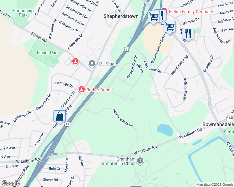map of restaurants, bars, coffee shops, grocery stores, and more near 2121 Quail Hollow Drive in Mechanicsburg