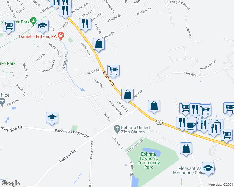 map of restaurants, bars, coffee shops, grocery stores, and more near 675 East Main Street in Ephrata