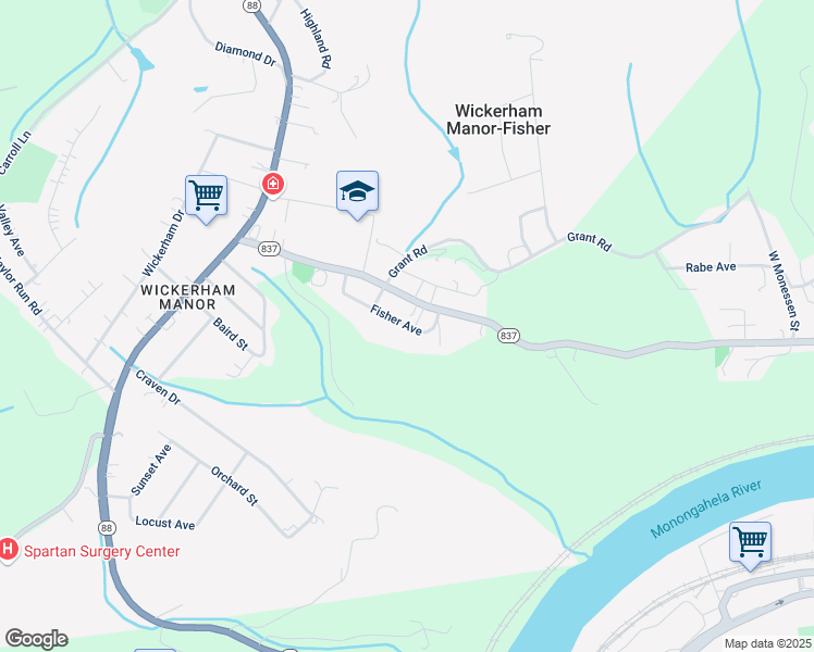 map of restaurants, bars, coffee shops, grocery stores, and more near 180 Fisher Avenue in Monongahela