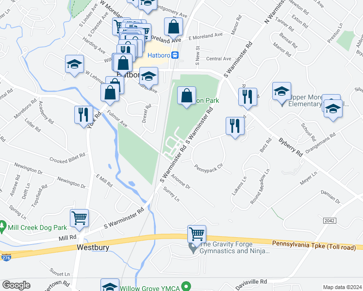 map of restaurants, bars, coffee shops, grocery stores, and more near 7 Hedley Lane in Hatboro