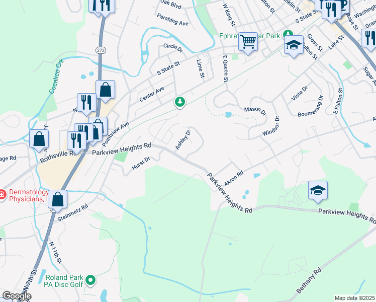 map of restaurants, bars, coffee shops, grocery stores, and more near 162 Heatherwood Drive in Ephrata