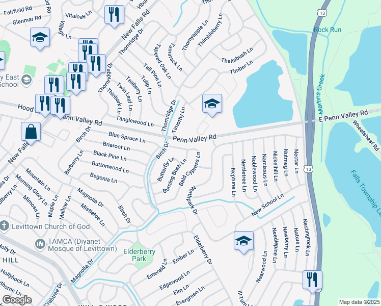map of restaurants, bars, coffee shops, grocery stores, and more near 100 Bald Cypress Lane in Levittown