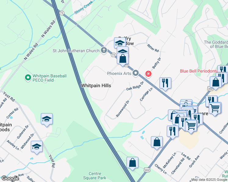map of restaurants, bars, coffee shops, grocery stores, and more near 2201 Whitpain Hills in Blue Bell