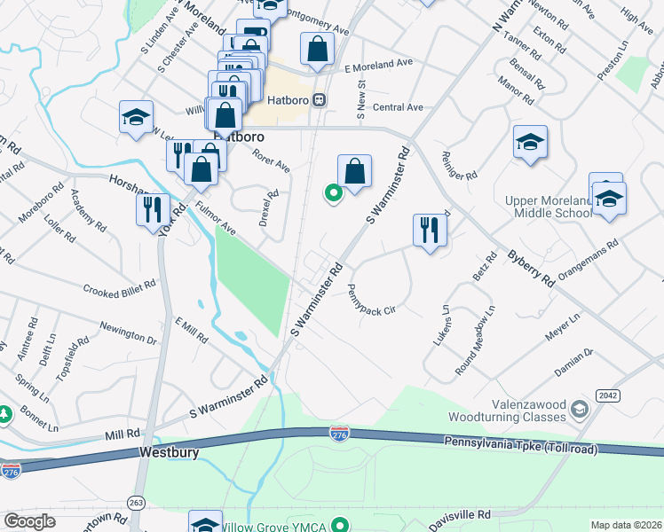 map of restaurants, bars, coffee shops, grocery stores, and more near 330 Station Park Drive in Hatboro