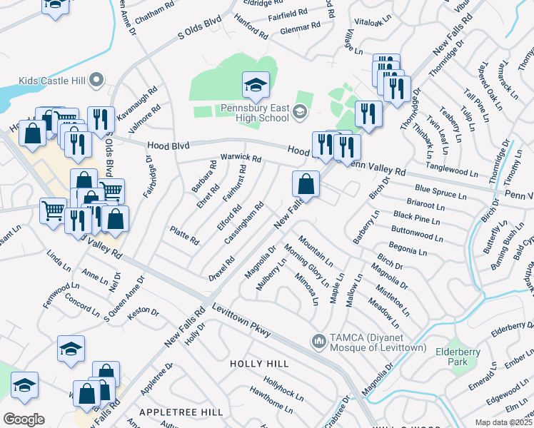 map of restaurants, bars, coffee shops, grocery stores, and more near 501 Drexel Road in Fairless Hills