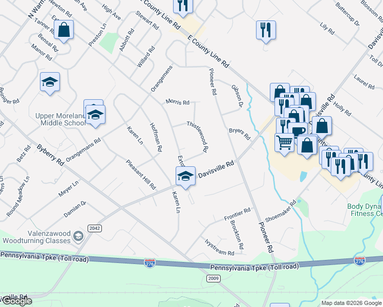map of restaurants, bars, coffee shops, grocery stores, and more near 2445 Exton Road in Hatboro