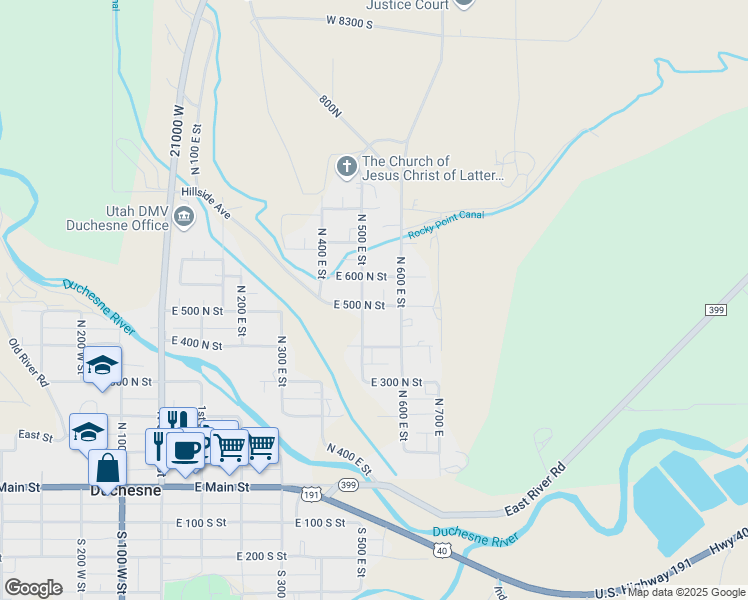 map of restaurants, bars, coffee shops, grocery stores, and more near 531 East 500 North Street in Duchesne