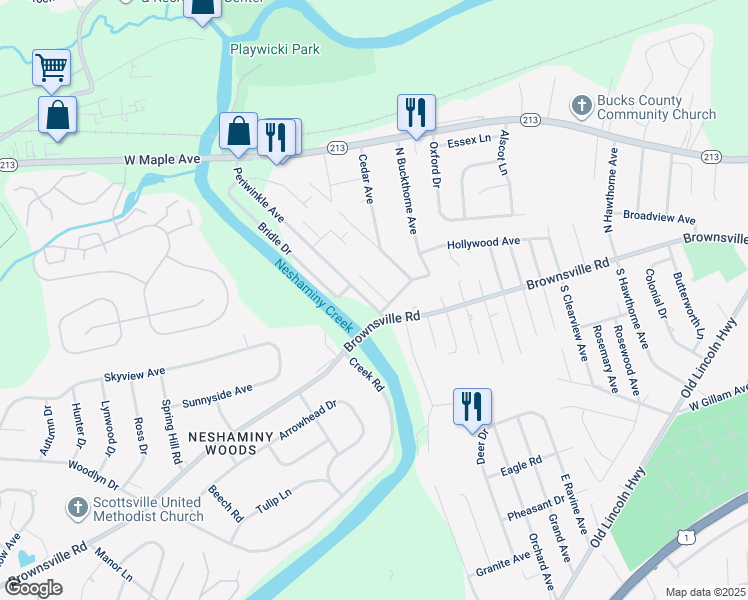 map of restaurants, bars, coffee shops, grocery stores, and more near 223 Periwinkle Avenue in Langhorne