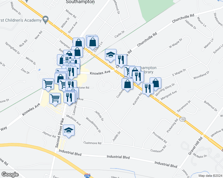 map of restaurants, bars, coffee shops, grocery stores, and more near 1700 Steamboat Station Drive in Southampton