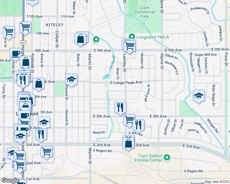 map of restaurants, bars, coffee shops, grocery stores, and more near 117 East Saint Clair Avenue in Longmont