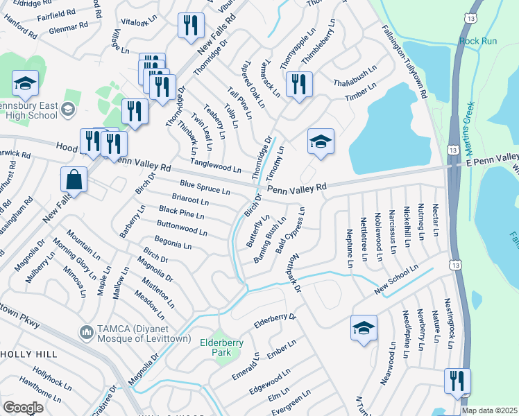 map of restaurants, bars, coffee shops, grocery stores, and more near 294 Birch Drive in Levittown
