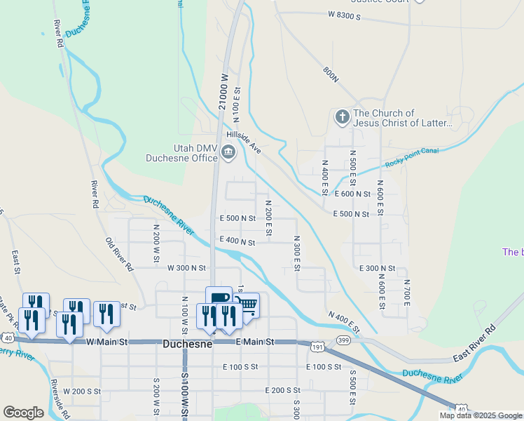 map of restaurants, bars, coffee shops, grocery stores, and more near 512 North 150 East in Duchesne