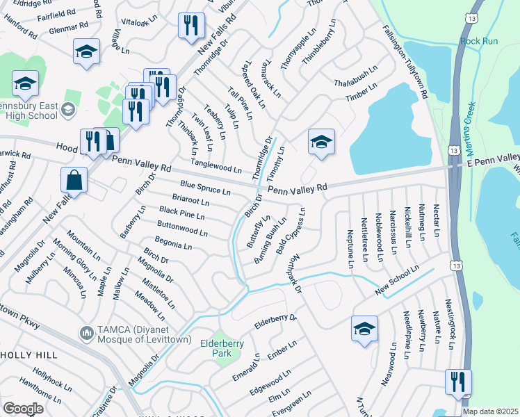 map of restaurants, bars, coffee shops, grocery stores, and more near 294 Birch Drive in Levittown
