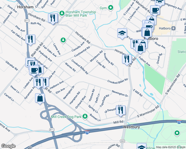 map of restaurants, bars, coffee shops, grocery stores, and more near 160 Crooked Billet Road in Hatboro