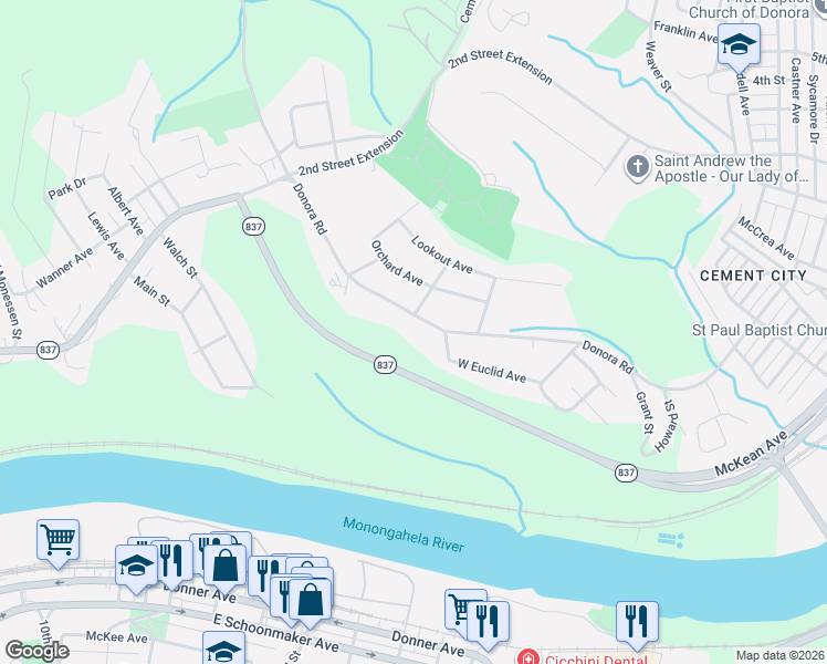 map of restaurants, bars, coffee shops, grocery stores, and more near 114 Donora Road in Monongahela