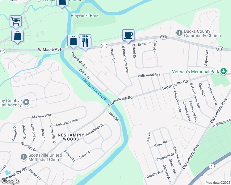map of restaurants, bars, coffee shops, grocery stores, and more near 223 Periwinkle Avenue in Langhorne
