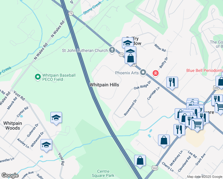 map of restaurants, bars, coffee shops, grocery stores, and more near 1812 Whitpain Hills in Blue Bell