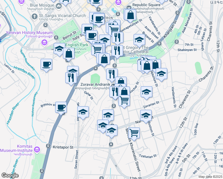 map of restaurants, bars, coffee shops, grocery stores, and more near 20 Tigran Mets Avenue in Yerevan