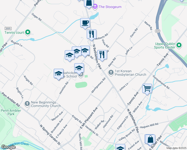 map of restaurants, bars, coffee shops, grocery stores, and more near 501 North Bethlehem Pike in Ambler