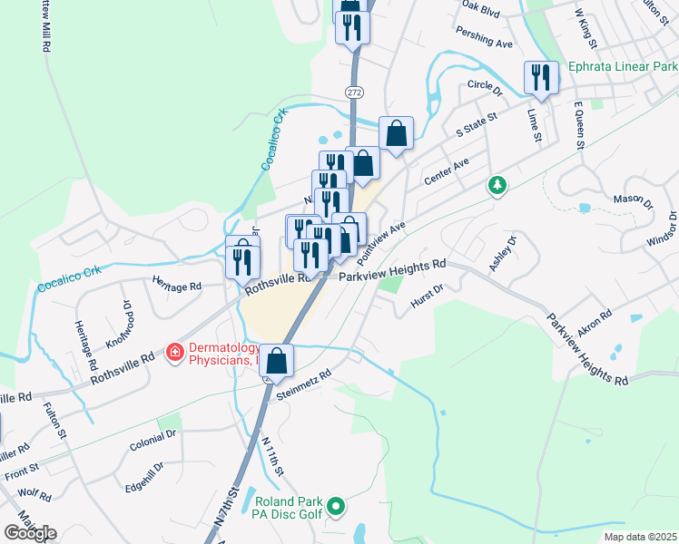map of restaurants, bars, coffee shops, grocery stores, and more near 1060 South State Street in Ephrata