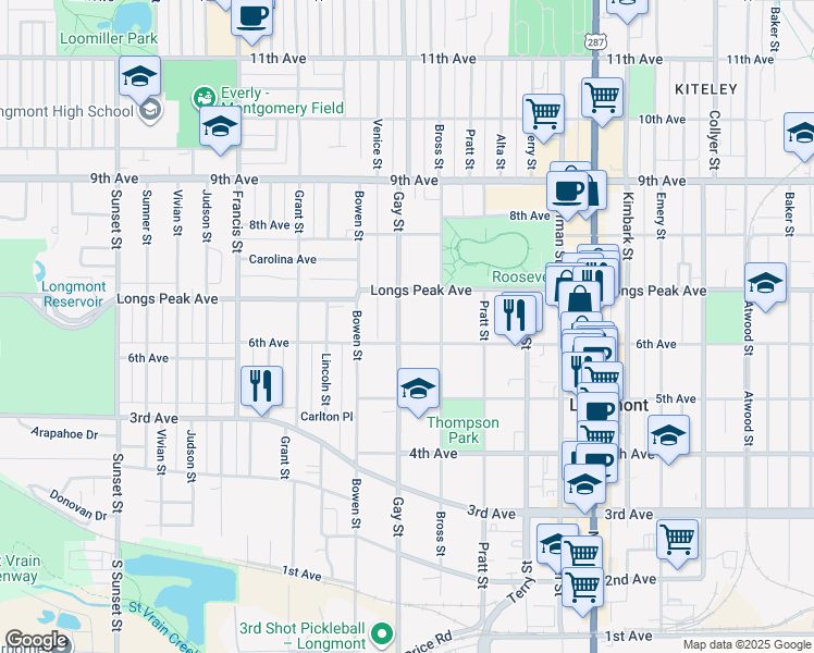 map of restaurants, bars, coffee shops, grocery stores, and more near 626 Gay Street in Longmont