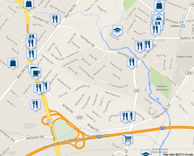 map of restaurants, bars, coffee shops, grocery stores, and more near 160 Crooked Billet Road in Hatboro
