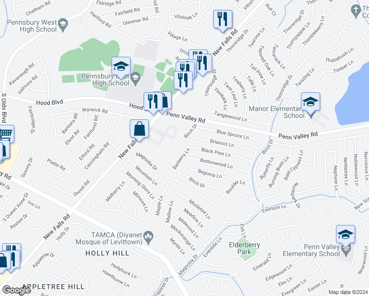 map of restaurants, bars, coffee shops, grocery stores, and more near 93 Black Pine Lane in Levittown