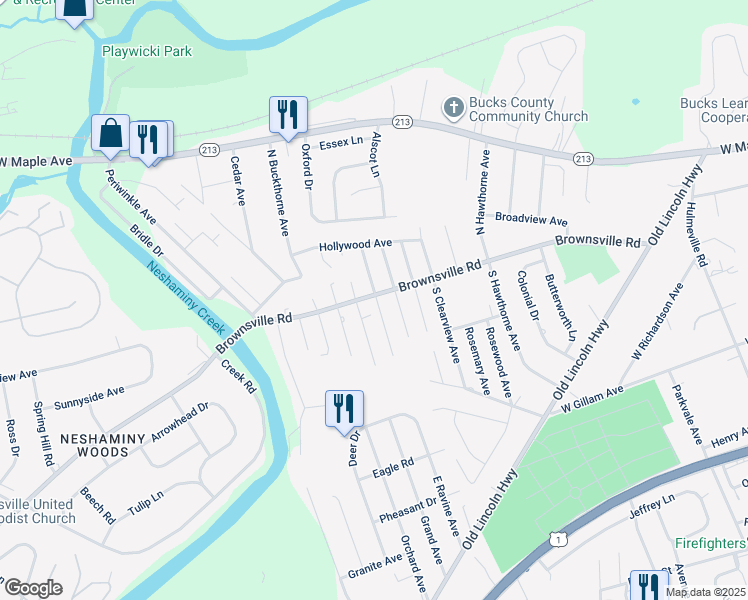 map of restaurants, bars, coffee shops, grocery stores, and more near 1524 Brownsville Road in Langhorne