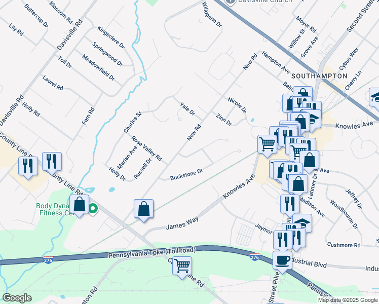 map of restaurants, bars, coffee shops, grocery stores, and more near 530 Andrew Drive in Bucks County