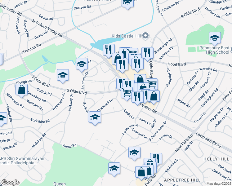 map of restaurants, bars, coffee shops, grocery stores, and more near 101 Doe Run Dr in Fairless Hills