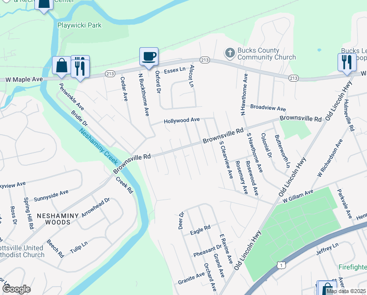 map of restaurants, bars, coffee shops, grocery stores, and more near 1524 Brownsville Road in Langhorne