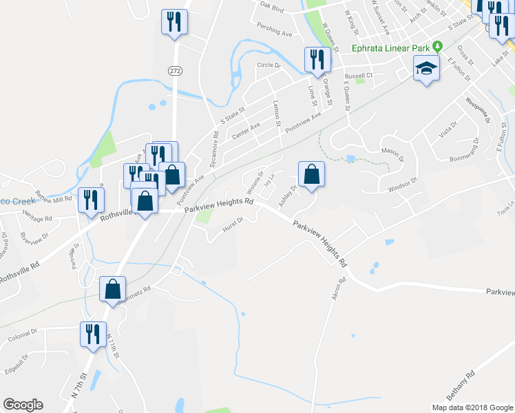 map of restaurants, bars, coffee shops, grocery stores, and more near 57 Parkview Heights Road in Ephrata