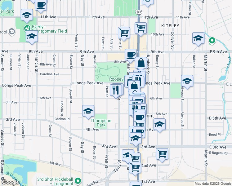 map of restaurants, bars, coffee shops, grocery stores, and more near 616 Terry Street in Longmont