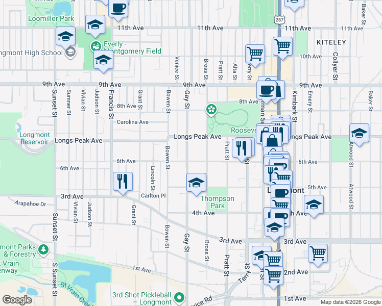 map of restaurants, bars, coffee shops, grocery stores, and more near 626 Gay Street in Longmont
