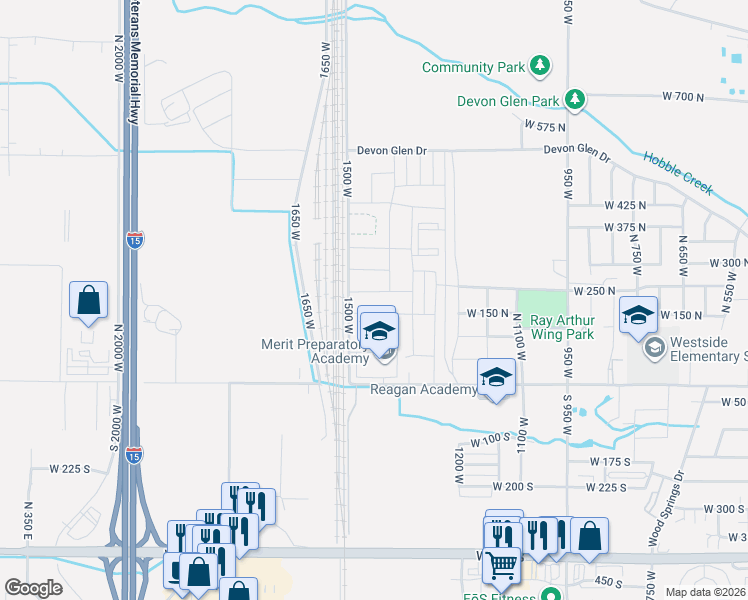 map of restaurants, bars, coffee shops, grocery stores, and more near 1438 North 250 West in Springville