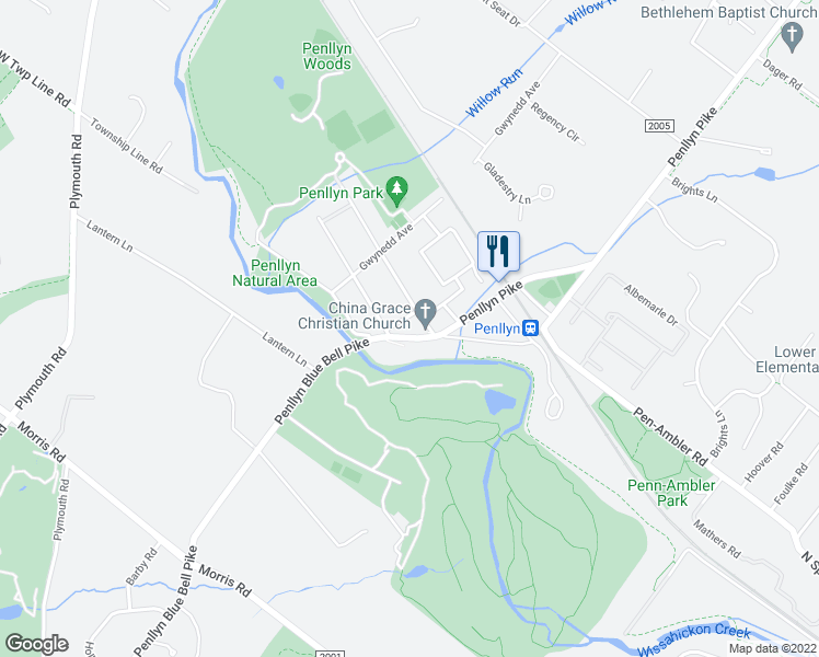 map of restaurants, bars, coffee shops, grocery stores, and more near 217 Penllyn Blue Bell Pike in Penllyn