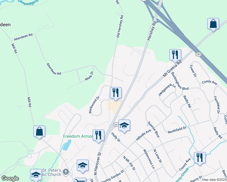 map of restaurants, bars, coffee shops, grocery stores, and more near 817 Rockwood Drive in Elizabethtown