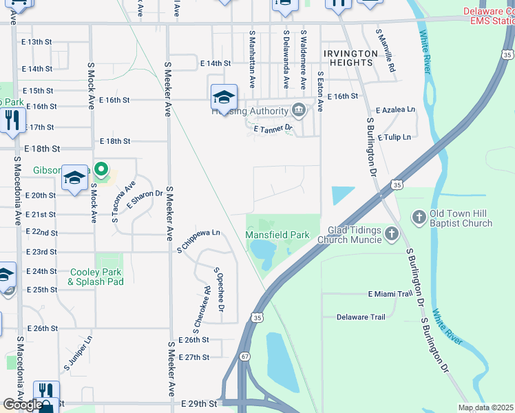 map of restaurants, bars, coffee shops, grocery stores, and more near 2701 South Manhattan Avenue in Muncie