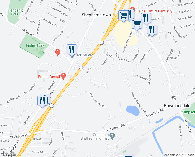 map of restaurants, bars, coffee shops, grocery stores, and more near 2112 Fowlers Hollow Drive in Mechanicsburg