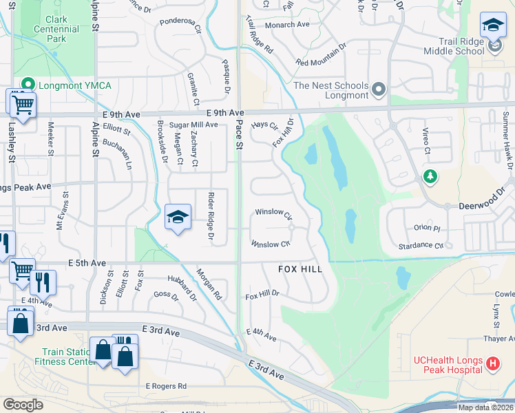 map of restaurants, bars, coffee shops, grocery stores, and more near 647 Crawford Circle in Longmont