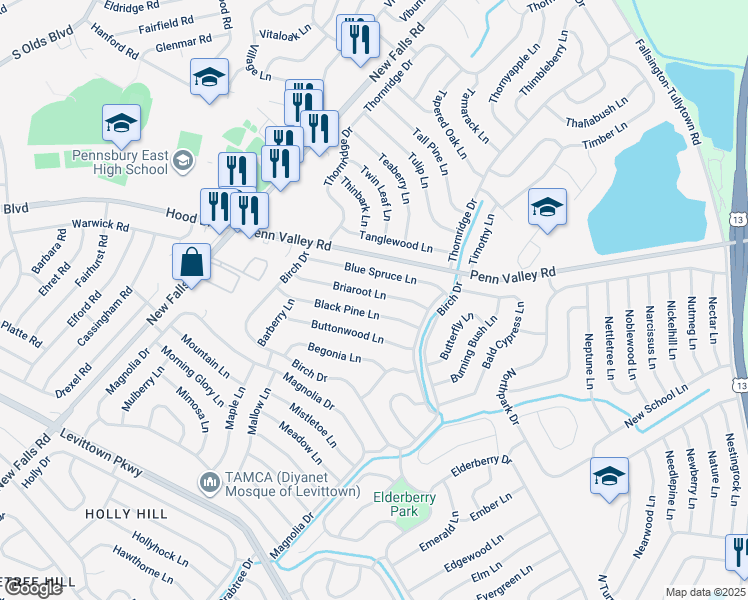 map of restaurants, bars, coffee shops, grocery stores, and more near 37 Briaroot Lane in Levittown