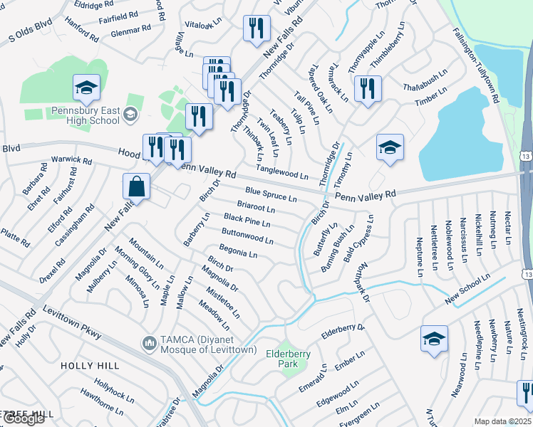 map of restaurants, bars, coffee shops, grocery stores, and more near 37 Briaroot Lane in Levittown